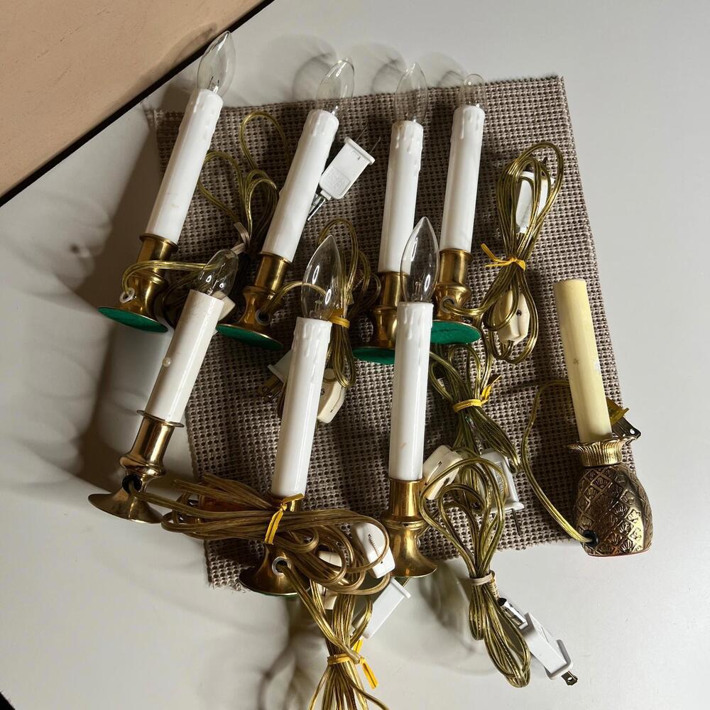 Vintage Brass Electric Window Candles Set Plug In Christmas Colonial Decor